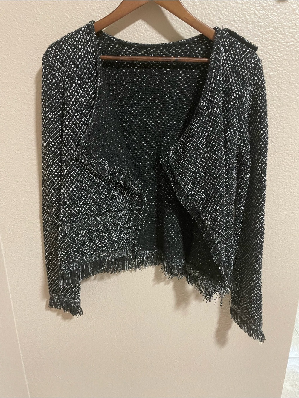 White House Black Market Black & White Fringed Open-Front Cardigan